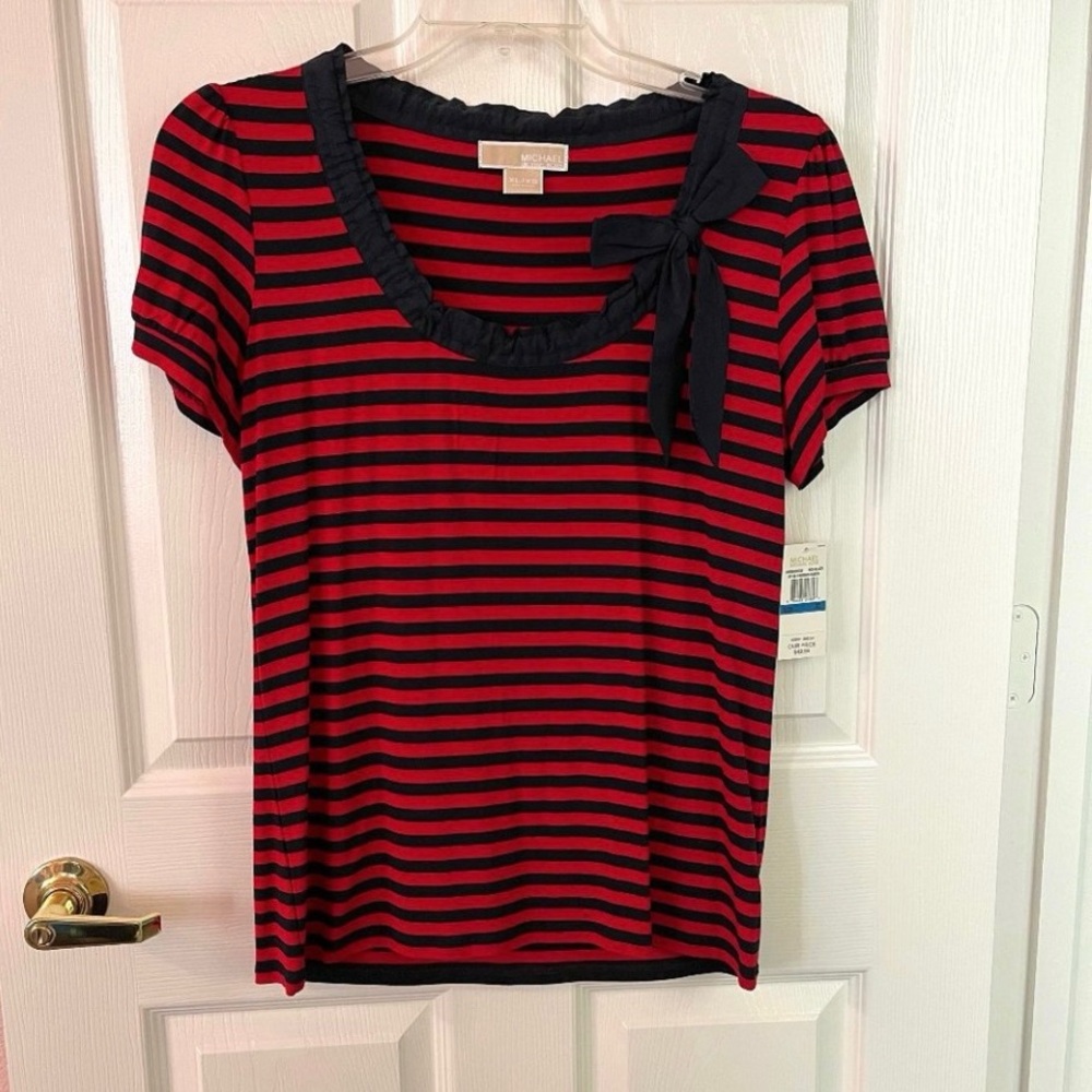Michael Kors Parisian French Top  Women's XL  Red Navy Stripes Bow Ruffle NWT